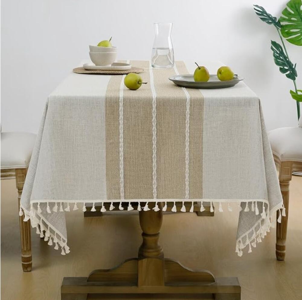 Outdoor Linen Tablecloth Rectangle w/ Tassels, Waterproof Cotton Boho Farmhouse